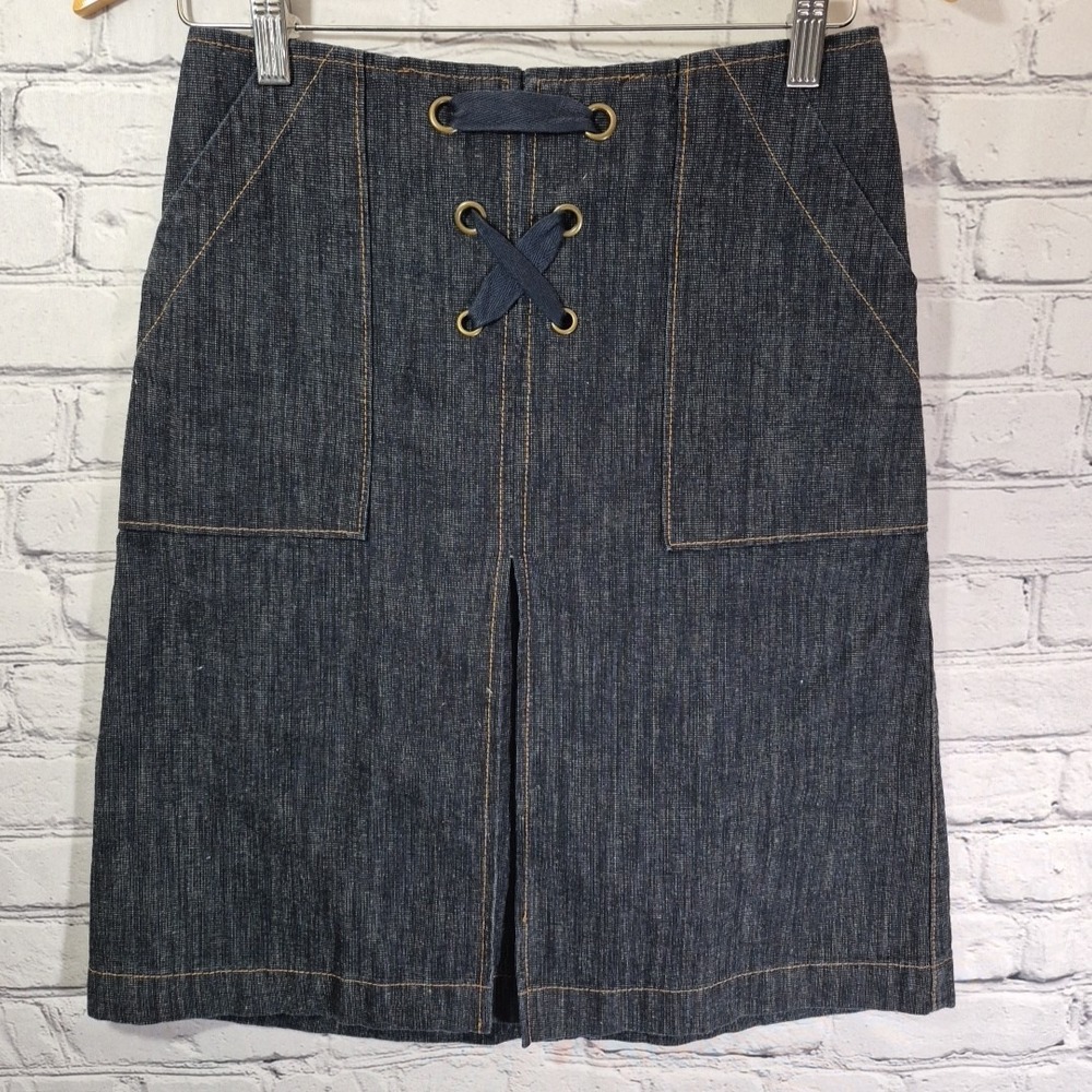 Vintage Y2K Jean Skirt Womens Size 28 Denim A-Line Lace-Up Deep Pockets